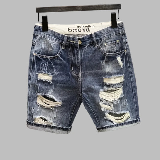 Fashion Vintage Korean Men's Summer Denim Shorts with Distressed Holes