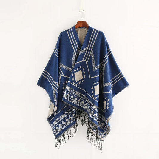 Elegant Geometric Tassel Poncho Cape