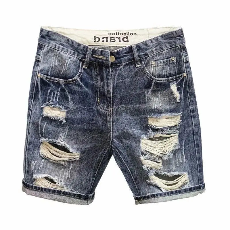 Fashion Vintage Korean Men's Summer Denim Shorts with Distressed Holes