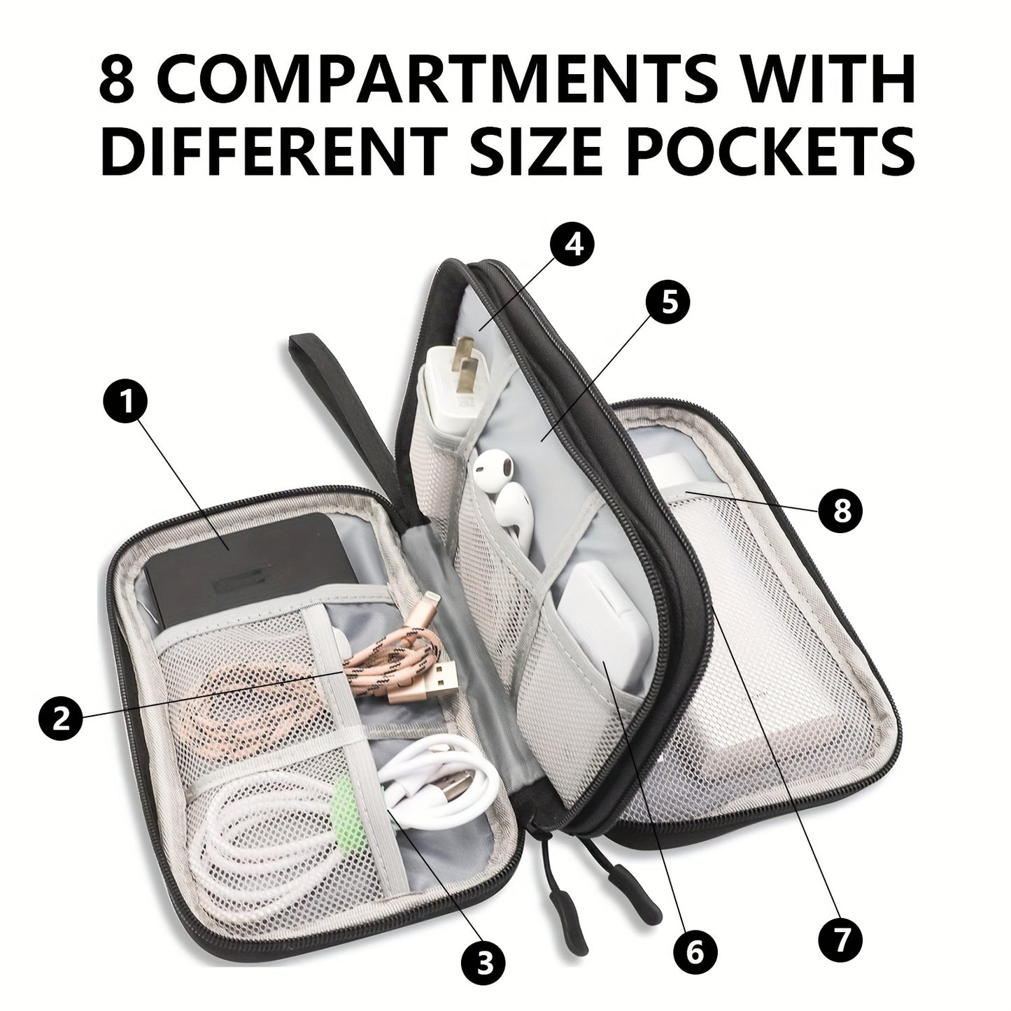 8 Compartment Travel Organizer - Waterproof and Durable for Electronics and Accessories